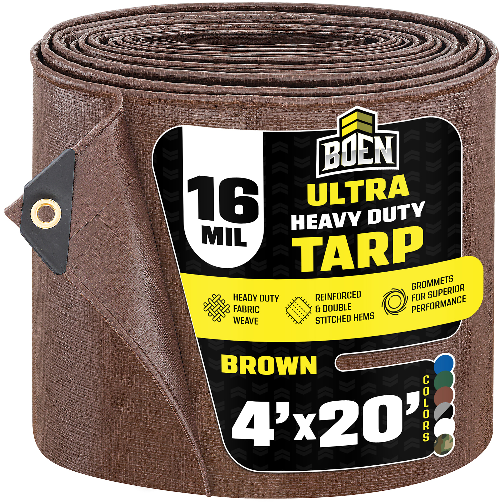 Boen 4 ft x 20 ft Brown Tarp, 16 Mil Thick Waterproof Ultra Heavy Duty Cover, Rip Proof Tarps, Thick Weave Material, UV Resistant Great for Tarpaulin Canopy Tent, Boat, RV or Pool Cover